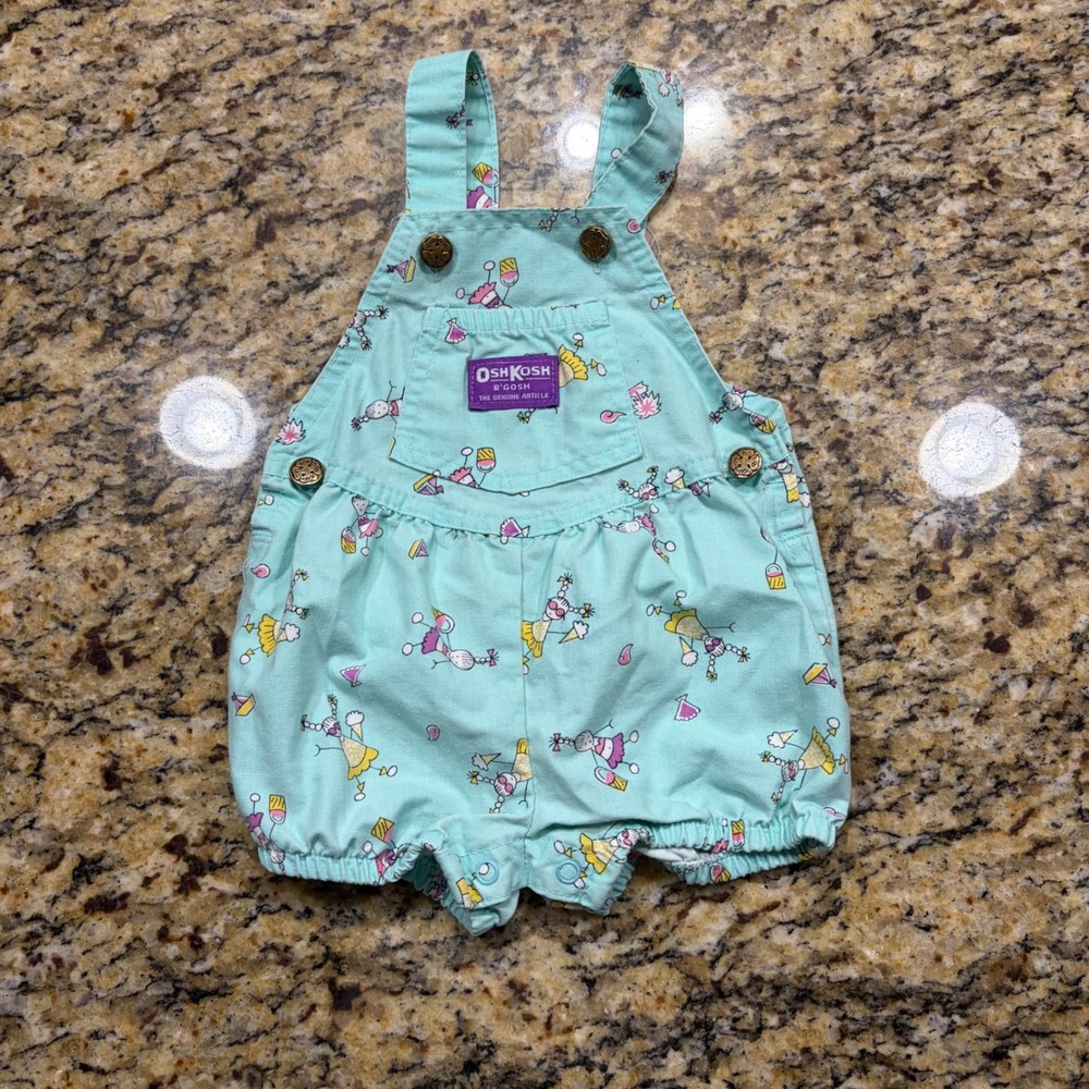 Vintage OshKosh Bgosh Baby Girl Bubble Overalls 12M Aqua Blue Novelty USA v